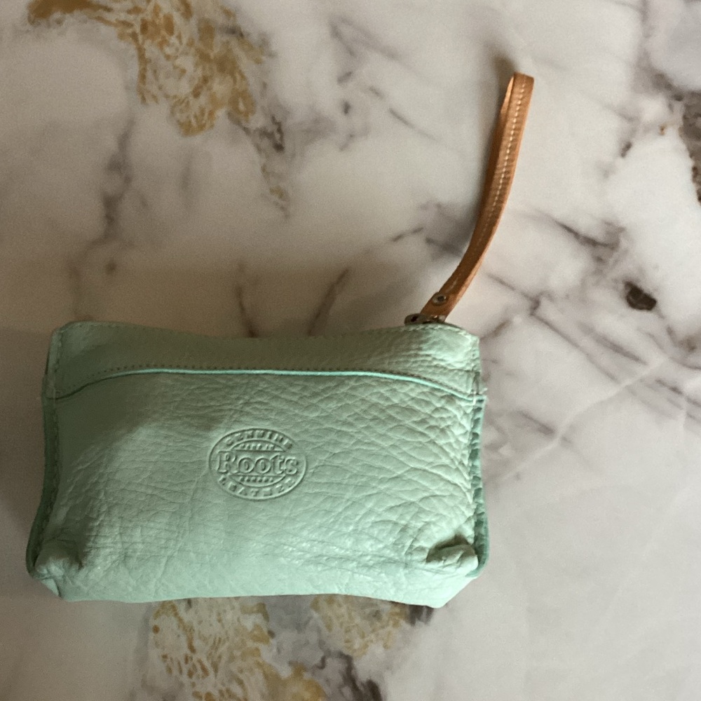 Roots Mint Green Leather Wristlet with Tan Strap